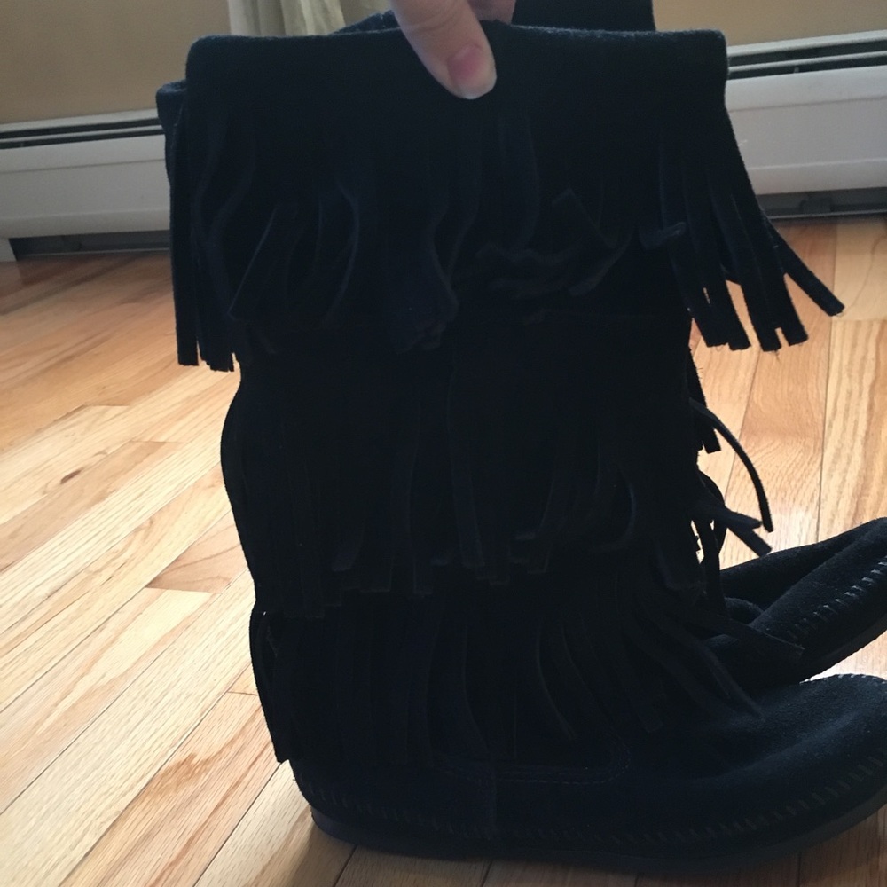 Black Tall Minnetonka Fringe Boots Never Worn